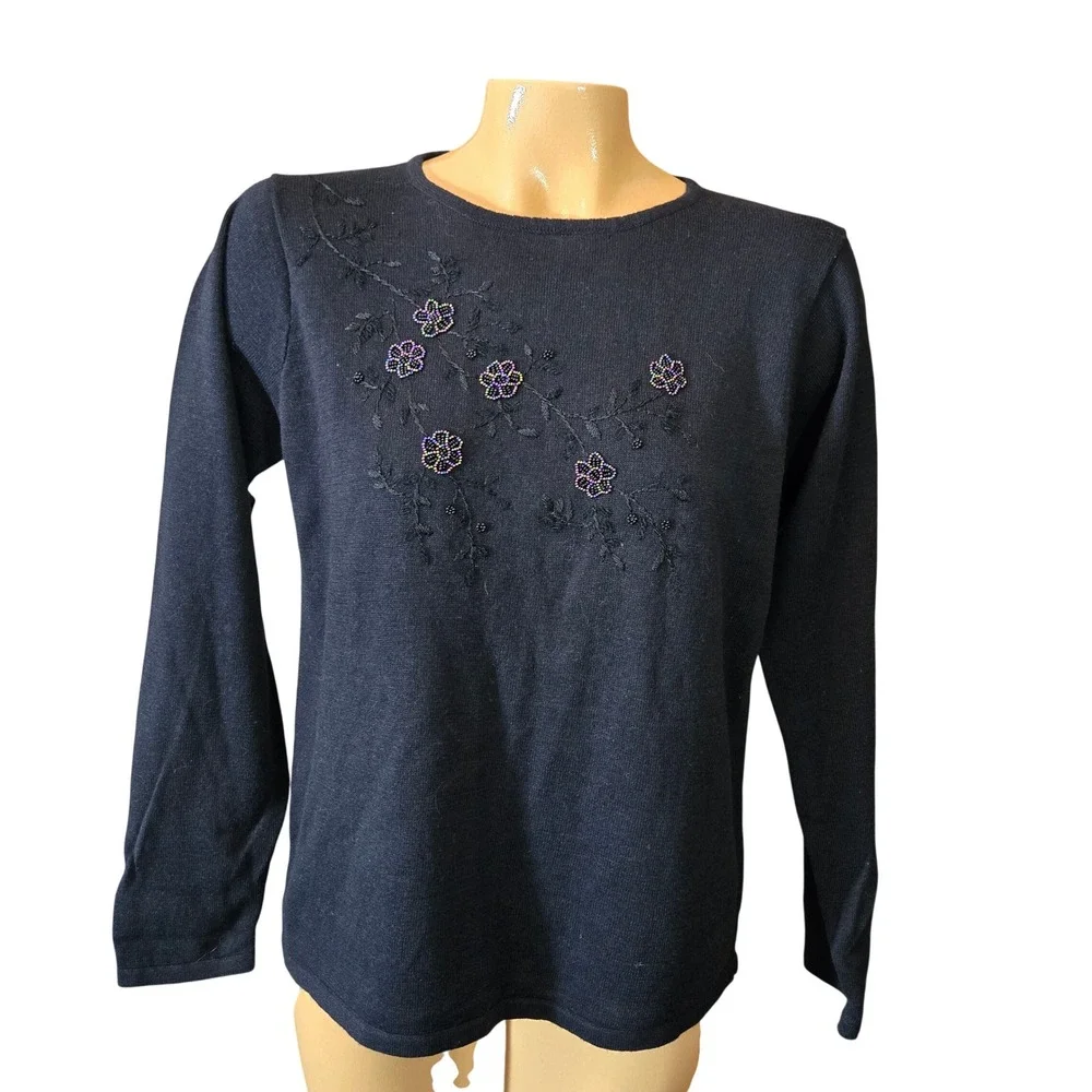 Vintage Jenny Black Beaded Floral Embroidery Long Sleeve‎ Knit Top Womens Small